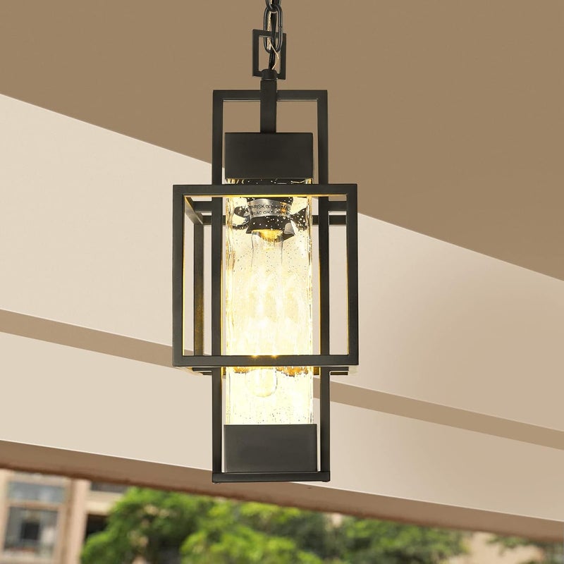 PARTPHONER 15" Outdoor Indoor Pendant Light Exterior Hanging Lantern, Modern Black Metal Outside Chandelier Light Fixture Ceiling Mount with Water Glass for Front Porch Entrance Foyer Entryway (Bulb Included) - Image 4
